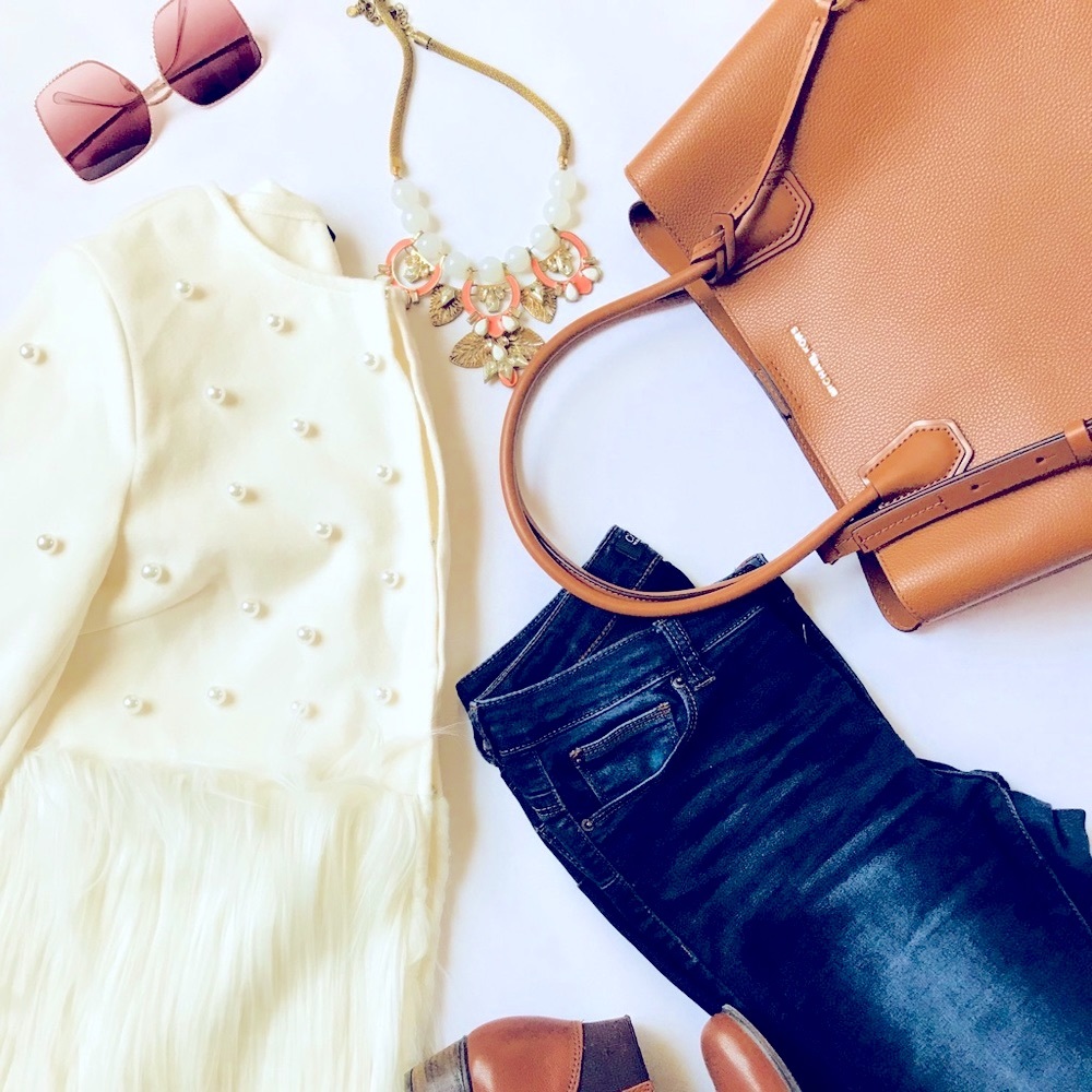 White Beaded Faux Fur Coat